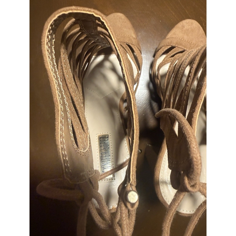 Jennifer Lopez Tan Strappy Lace Up Block Heel Open Toe Suede Rubber 7W - Picture 5 of 7